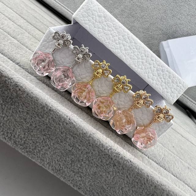 Dior New Bee and Hibiscus Flower Earrings Colors: White Gold, Rose Gold, Golden