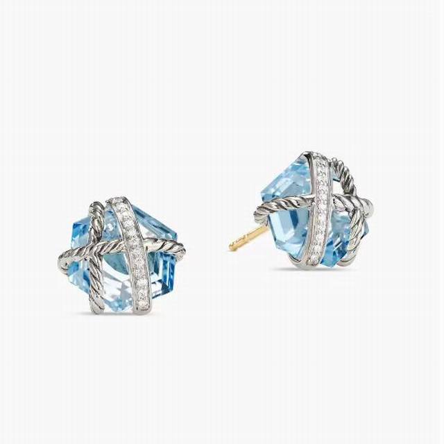 V Gold New Arrival. David Yurman Hexagonal Diamond Blue Crystal Earrings, Size 1