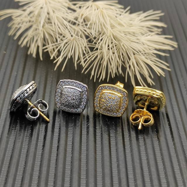 V Gold New Arrival David Yurman Gold Square Diamond Full Diamond Stud Earrings