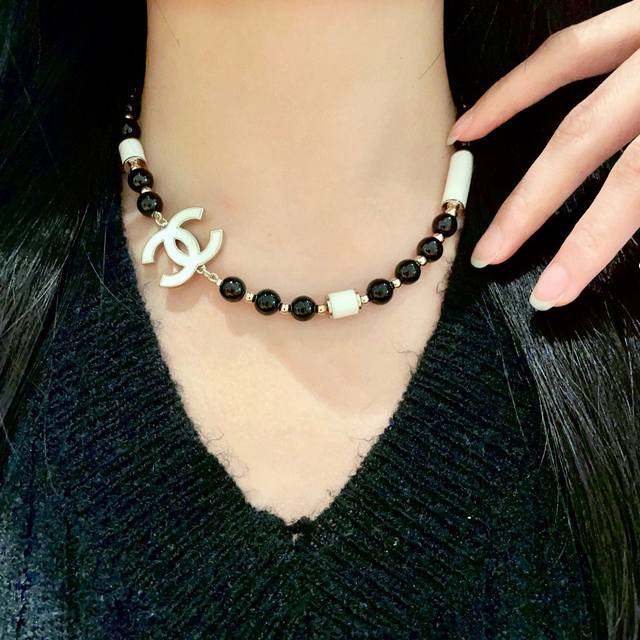 Chanel Black And White Two-Tone Double C Necklace