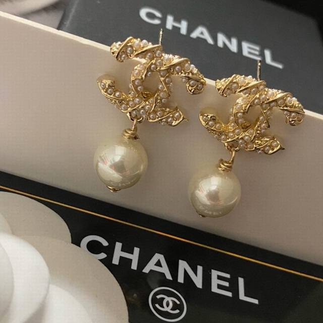 Ch @Nei Rope-Style Letter Pearl Ear Studs Featuring The Original Chanel Logo, Pe