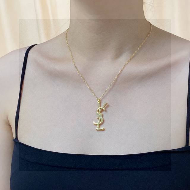 Latest Ysl Saint Laurent Letter Pendant Necklace In Antique Gold, Original Logo,