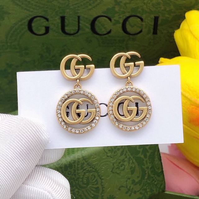 Ged0117 Gucci Double G Round Diamond-Studded Earrings