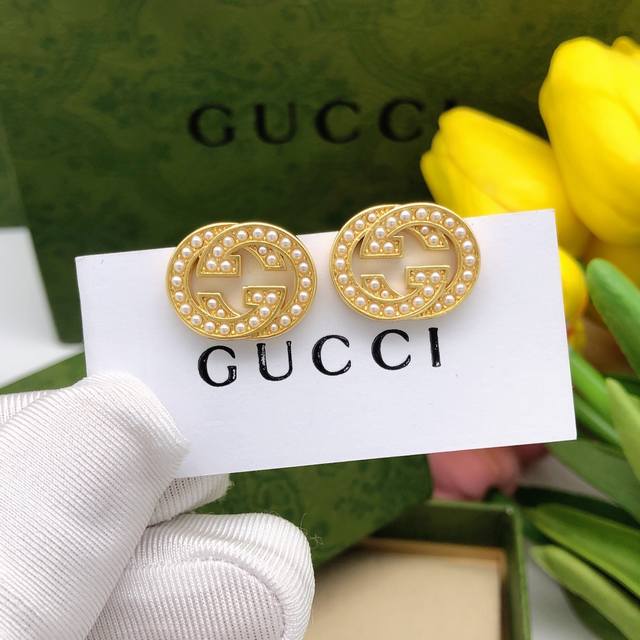 Ged0127 Gucci New Double G Interlocking Pearl Mini Ear Studs