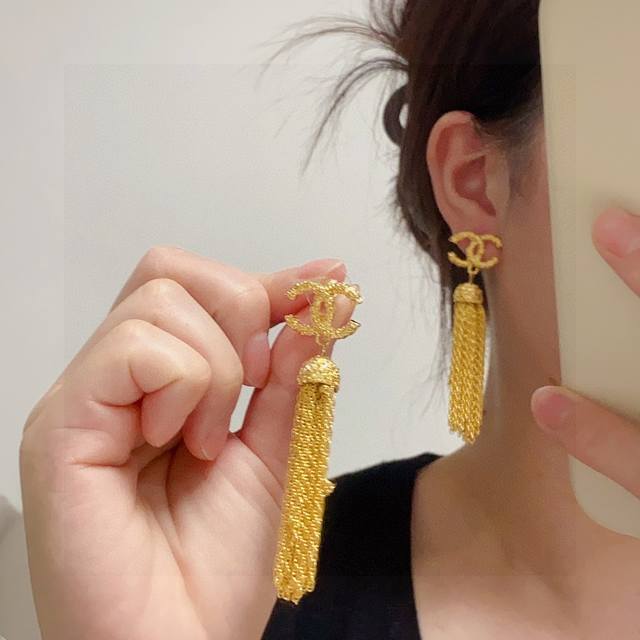 Chanel Chanel Double C Letter Vintage Gold Fringe Long Earrings And Studs. New O