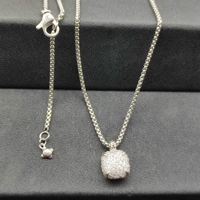 New David Yurman 14Mm Silver Four-Prong Full Diamond Necklace.Chain Thickness: 2
