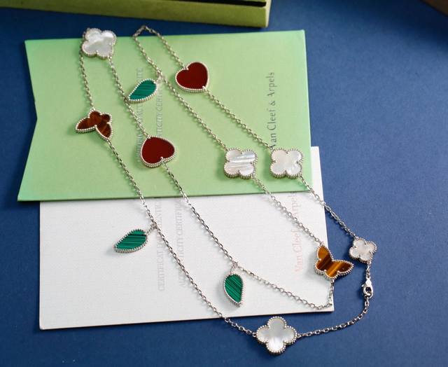 Vca Four-Leaf Clover Flower Necklace White Pearl Flower, Red Heart, Tiger's Eye,