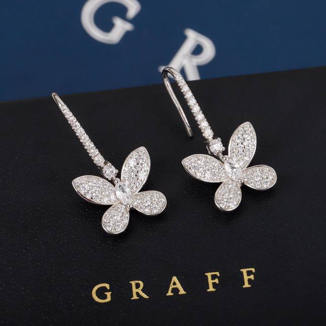 Graff Butterfly Stud Earrings, Full Diamond High Version, S925 Sterling Silver M