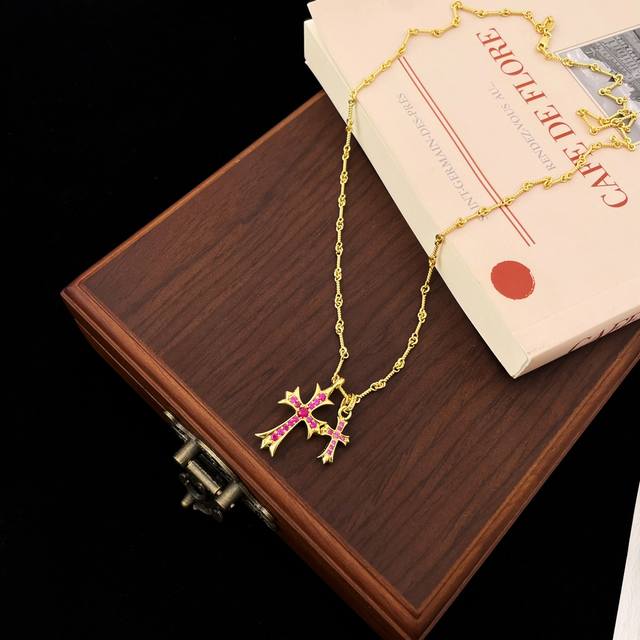 Chrome Hearts 22K Gold-Plated Red Diamond Double Cross Necklace, 22K Gold-Plated