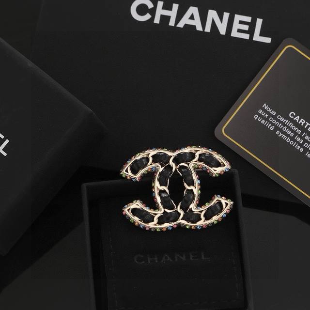 Chanel New Classic Black Genuine Leather Color Diamond Brooch Authentic Details