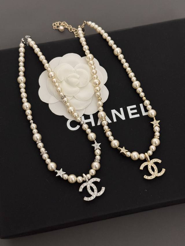 Ch*Nel Latest Gold And Silver, 2-Color Options Cc Five-Pointed Star Pearl Neckla