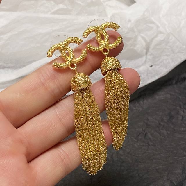 Chanel High-End Double C Long Antique Gold Fringe Earrings The Only Authentic Re