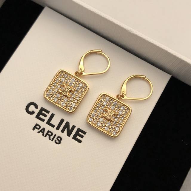 Golden Arc De Triomphe Full Diamond Square Earrings New Celine Earrings Full Dia