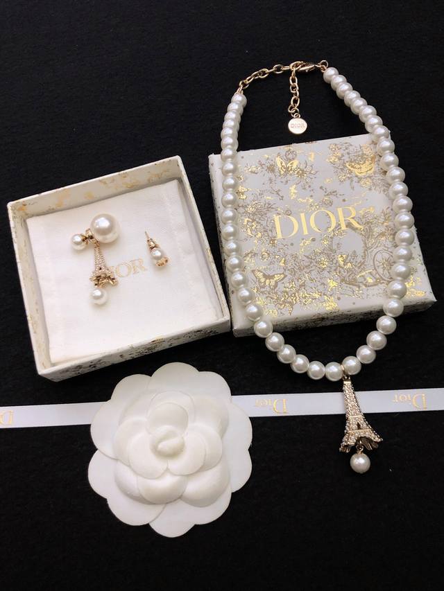 Earrings In Stock, Black; Necklace, New Arrival, Authentic Dior Paris Eiffel Tow