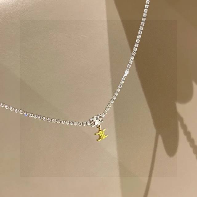 Celine Triumph Arch Full Diamond Chain Necklace With Engraved Triumph Arch Patte