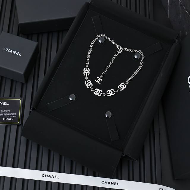 Chanel Full Diamond Silver Double C Necklace Full Diamond Double C Letter Design