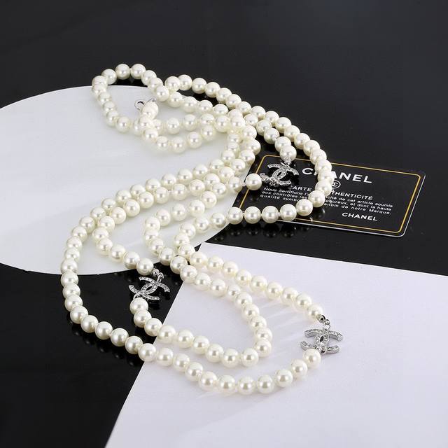 Latest Chanel Double C Pearl Necklace Sweater Chain, Extremely Stylish, , Elegan