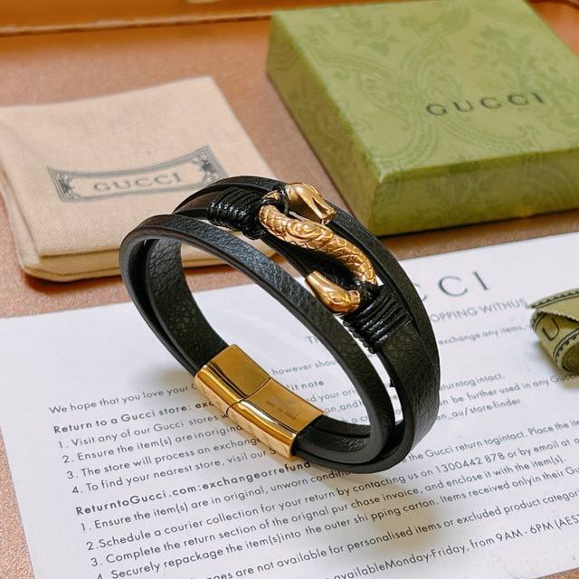 Gucci Bracelet For Men, Latest Style, Pure Handmade Gold-Style Patterned Leather