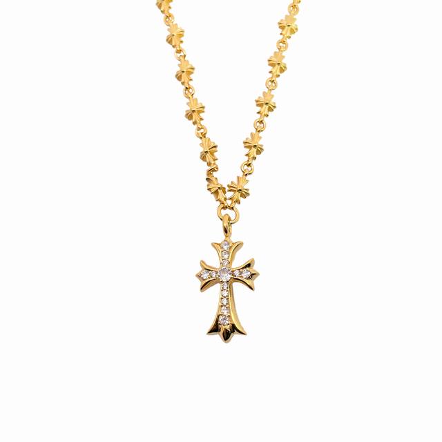 Chrome Hearts 22K Gold-Plated Stone-Inlaid Cross Chain Gold-Plated Hand-Embedded