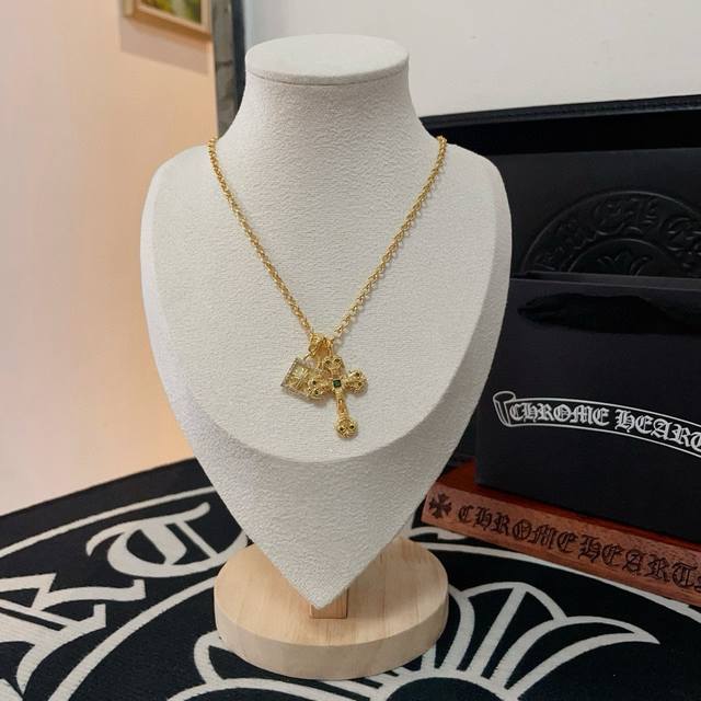 Store-Quality Chrome Hearts Classic Golden Cross Pendant With Unique Textured Pa