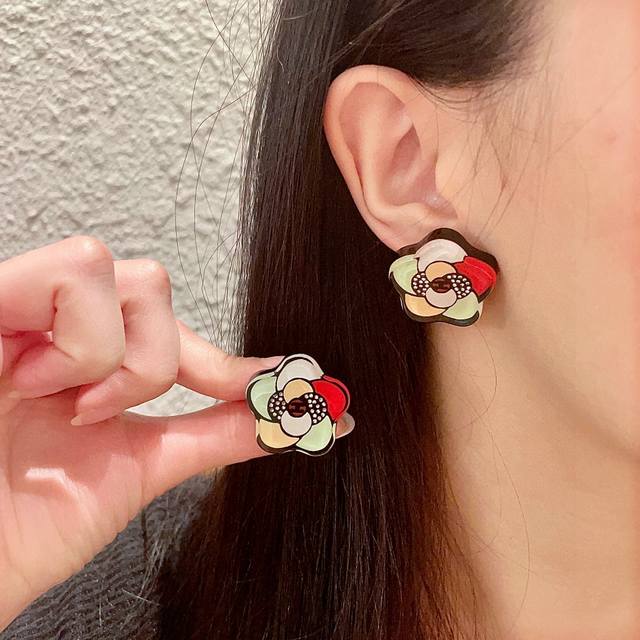 Chanel Camellia Double C Stud Earrings