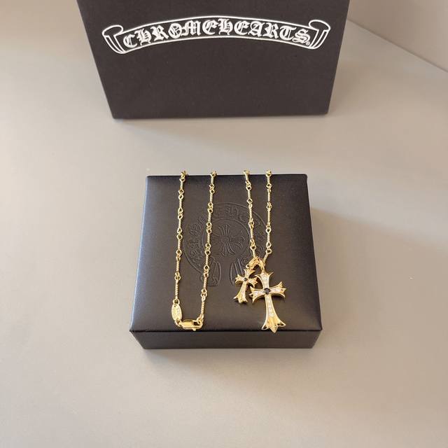 Chrome Hearts Gold-Plated Silver Double Cross Necklace, Unisex Fashion Brand Per
