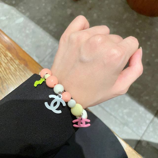 Chanel Colorful Macaron-Colored Multi-Pendant Round Ball Double C Bracelet