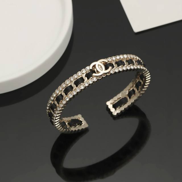 Chanel Ch Nel New Black Leather Bracelet Black Leather With Diamond Accents, Fea