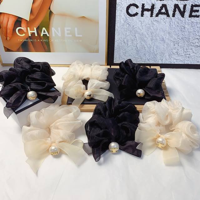 A Chanel Mini Miu Miu Celine Organza Bow Pearl Titanium Steel Logo Hair Tie Larg