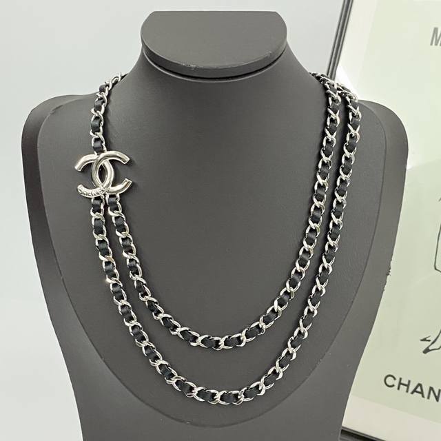 Chanel Necklace Hot New Arrival Chan 25P Black Silver Leather Chain Double C Dou