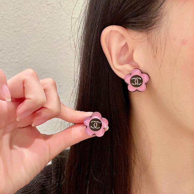 Chanel Camellia Double C Diamond Stud Earrings