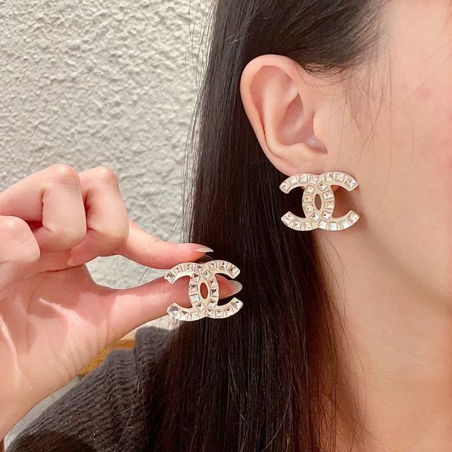 Chanel Double C Square Diamond Stud Earrings