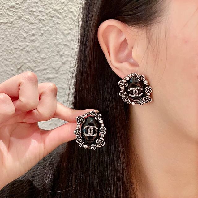 Chanel Vintage Camellia Double C Diamond Stud Earrings