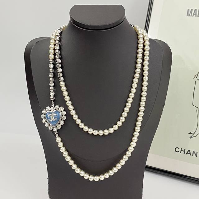Chanel Necklace Hot New Arrival Chan 25 Blue Glass Heart-Shaped Diamond Pearl Sw