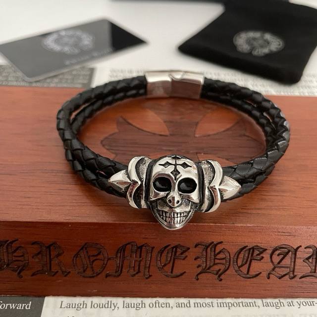 Chrome Hearts Cross Heart Vintage Classic Leather Cord Bracelet ~ Authentic Mold