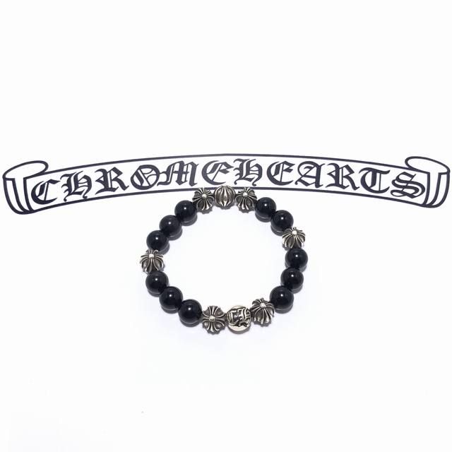 Authentic Chrome Hearts Croce Heart 8 Silver Obsidian Bracelet 8Mm 10Mm Solid Be