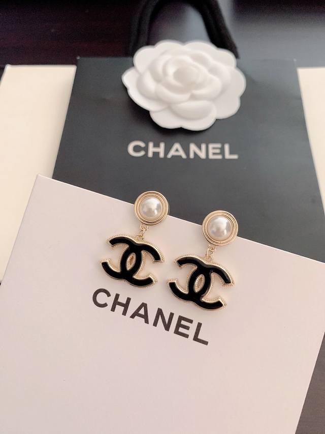 Ch*Nel Newest White Pearl Black Cc Earrings, Matching Zp Material