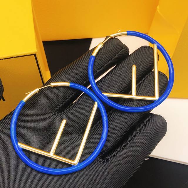 Code Fded0016 Fendi Earrings, Large Polished Round Blue And Gold Combination