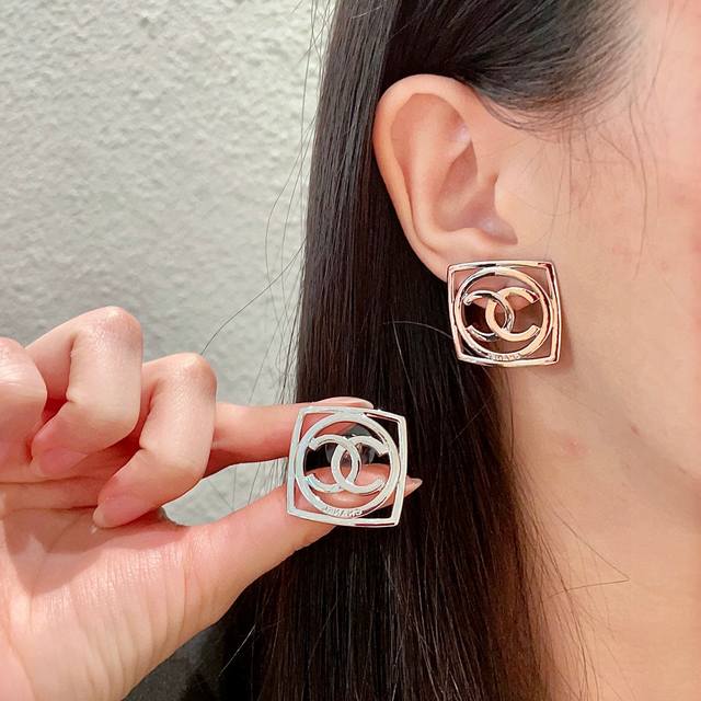 Chanel Classic Double C Letter Stud Earrings