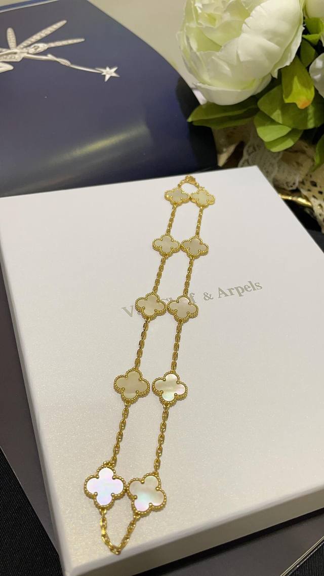 V Gold Material Vca Golden Color 10 White Pearl Four-Leaf Clover Necklace
