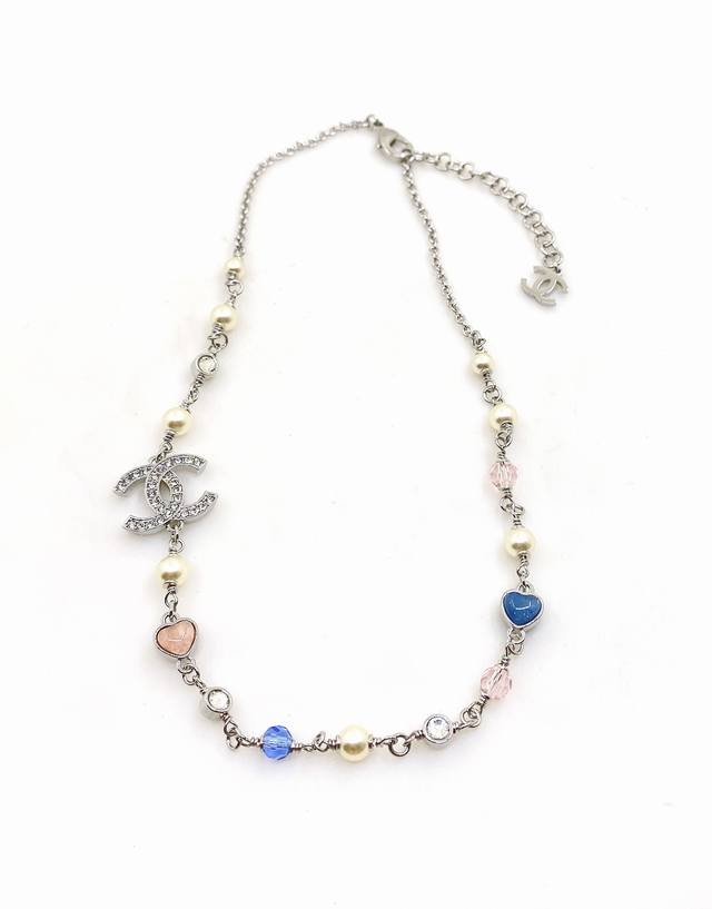 Ch*Nel Latest Platinum Blue-Pink Heart Necklace, Zp Brass Material
