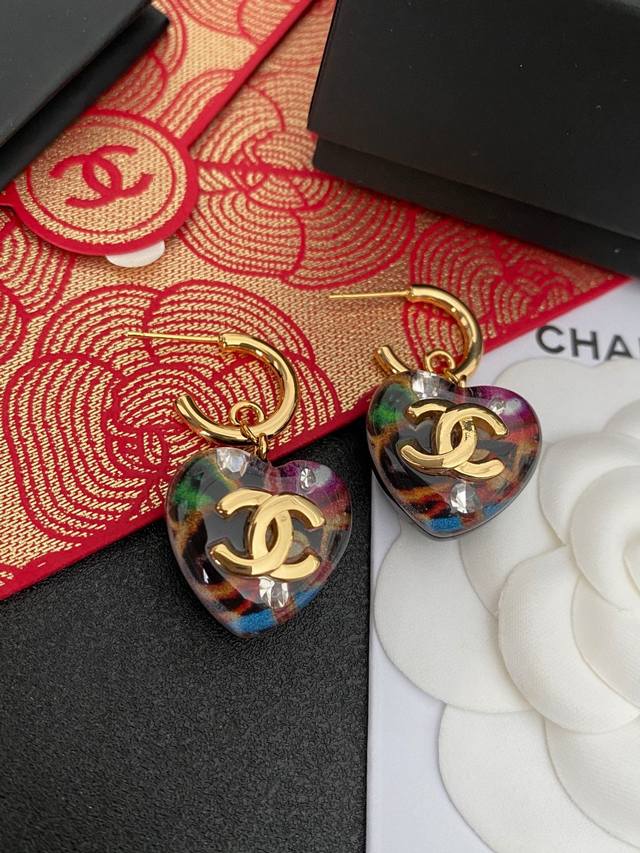 Chanel 24A Graffiti Camouflage Heart Earrings Authentic Clear Logo Print, Chanel