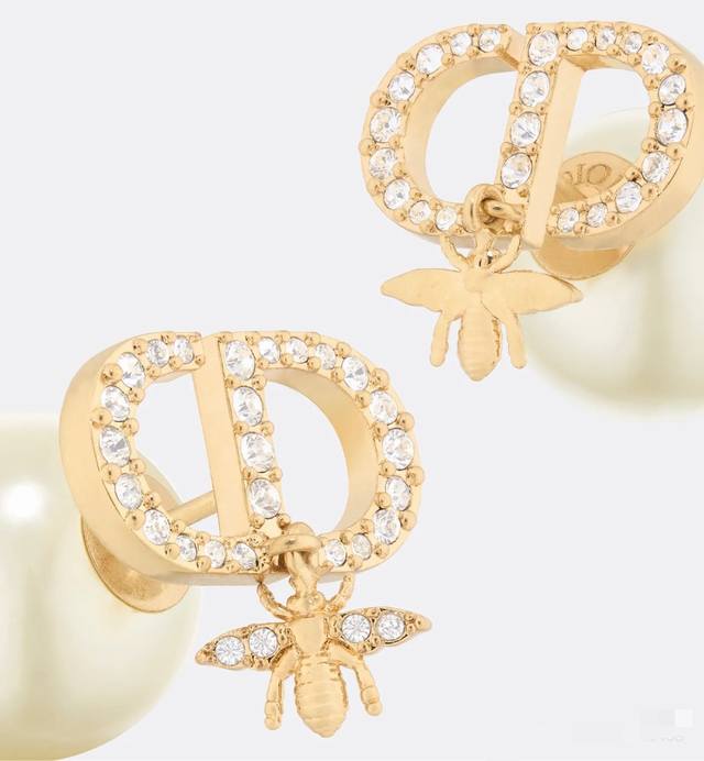 Dior 25-Carat Gold-Plated Cd Letter-Shaped Layered Bee Pearl Earrings Fully Diam