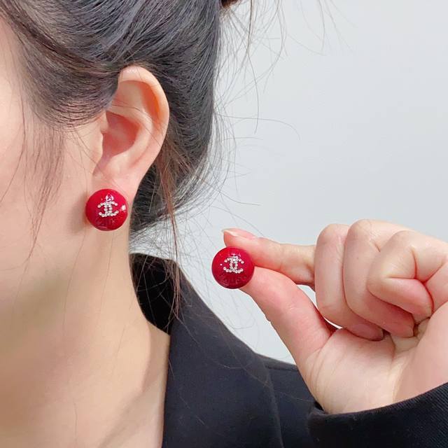 Chanel Mini Chanel New Year Red Crystal Micro-Diamond Stud Earrings New Arrival
