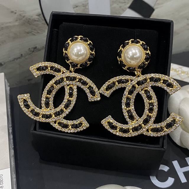Zp Pattern. Chanel Swarovski Crystal Leather-Strung Letter Pearl Earrings. High-