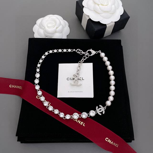 Chanel Half Diamond Half Pearl Choker Necklace Purchased From Z 7988, Now Availa