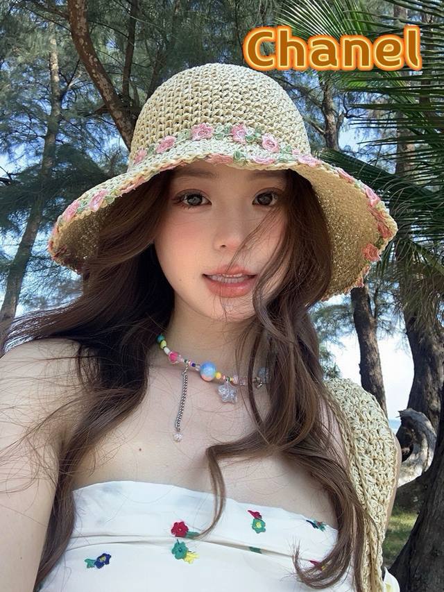 Chanel Country-Style Flower Fisherman's Straw Hat For Women, Summer Beach Vacati