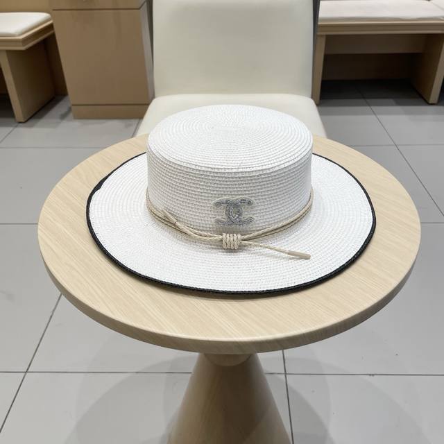 Chanel New Straw Hat, Flat-Top Lady-Like Sun Hat, Head Circumference 57Cm