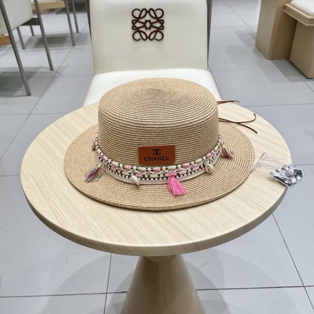 Chanel New Flat-Top Straw Hat, Made Of Fine Straw, Excellent Hat Shape