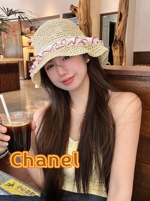 Chanel Butterfly Bow Lace-Edged Straw Hat For Women, Summer Lace-Up Ins-Style Su